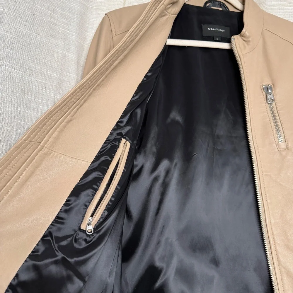 Mackage Biker Jacket Lambskin Leather Tan Beige Moto Zippers Men's‎ Size 38